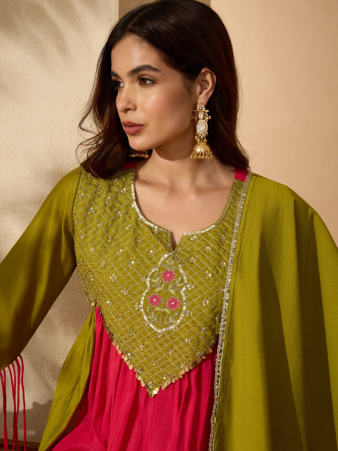 Solid &amp; Sequin Work Chanderi Silk Anarkali Kurta Pant Dupatta Set