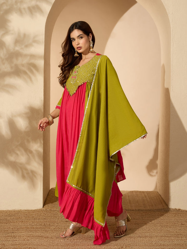 Solid &amp; Sequin Work Chanderi Silk Anarkali Kurta Pant Dupatta Set