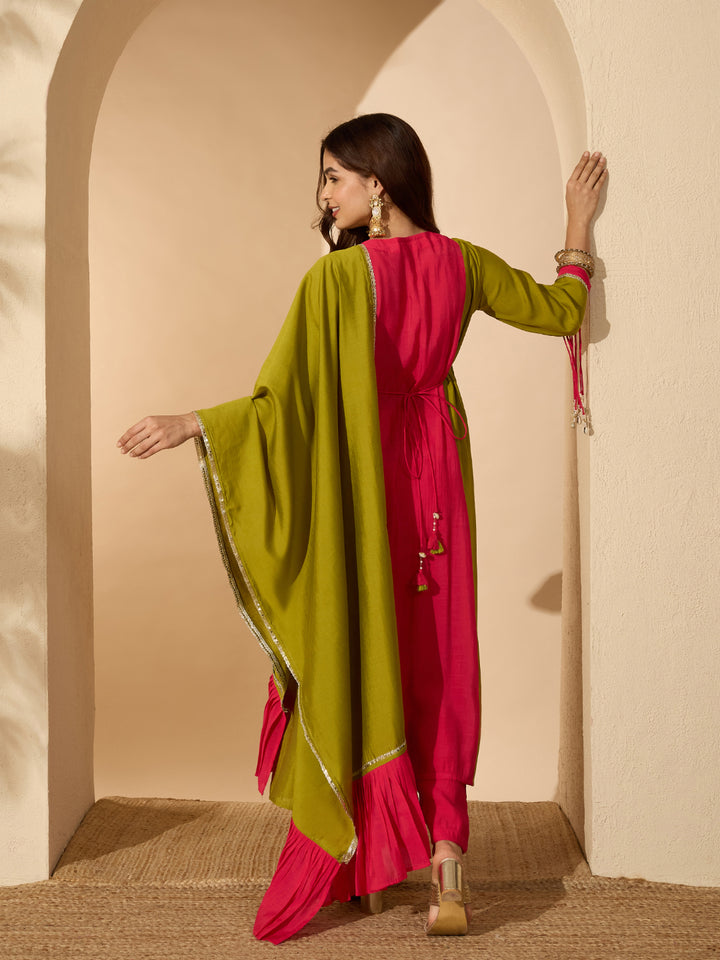 Solid &amp; Sequin Work Chanderi Silk Anarkali Kurta Pant Dupatta Set