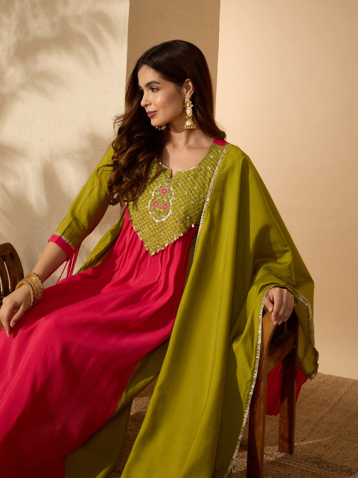 Solid &amp; Sequin Work Chanderi Silk Anarkali Kurta Pant Dupatta Set