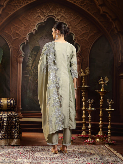 Green Solid & Embroidered Silk Blend Flared Kurta Pant Dupatta Set (Pre-Order)