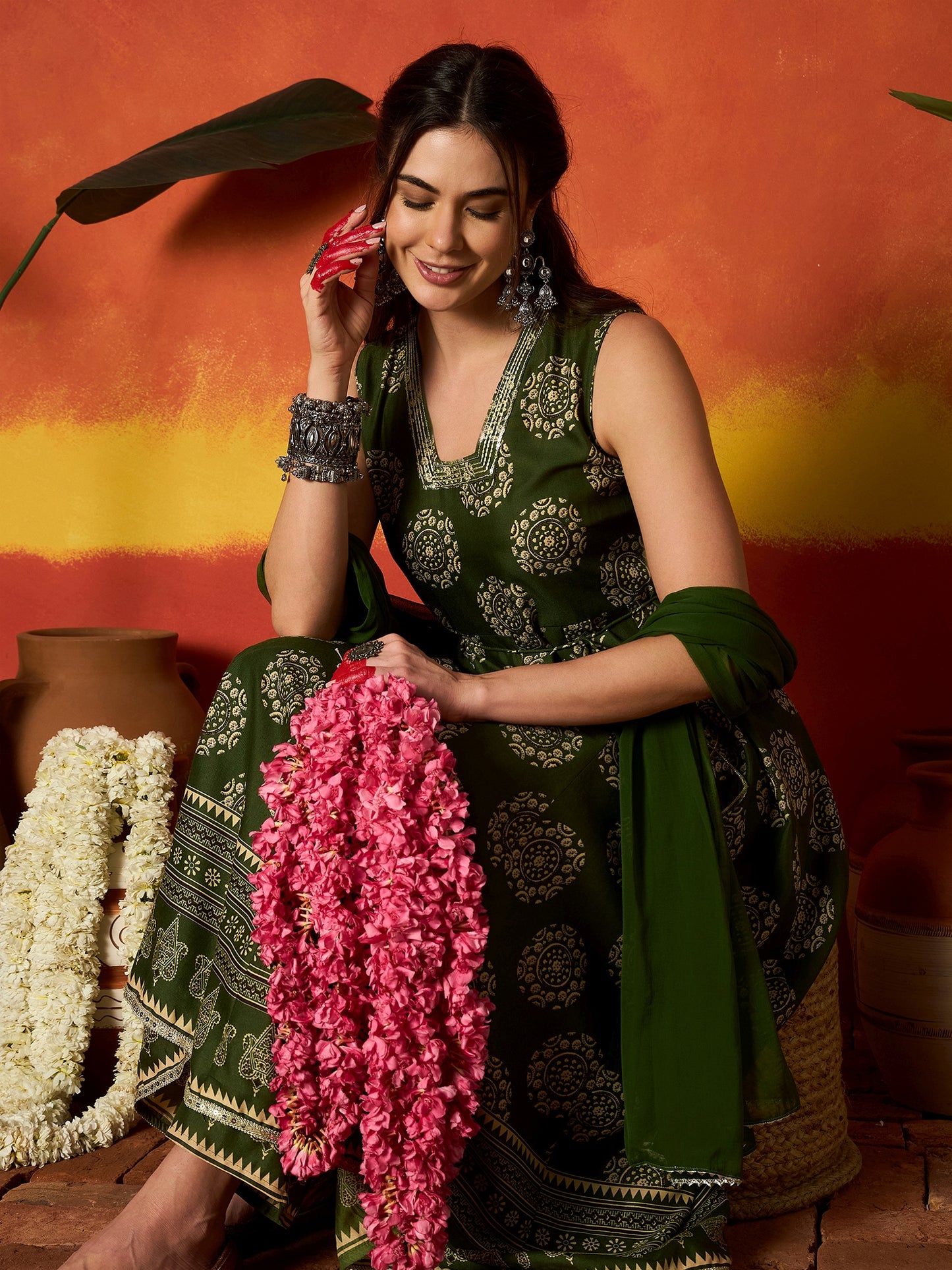 Ethnic Motif Printed Rayon Anarkali Kurta Pant Dupatta Set