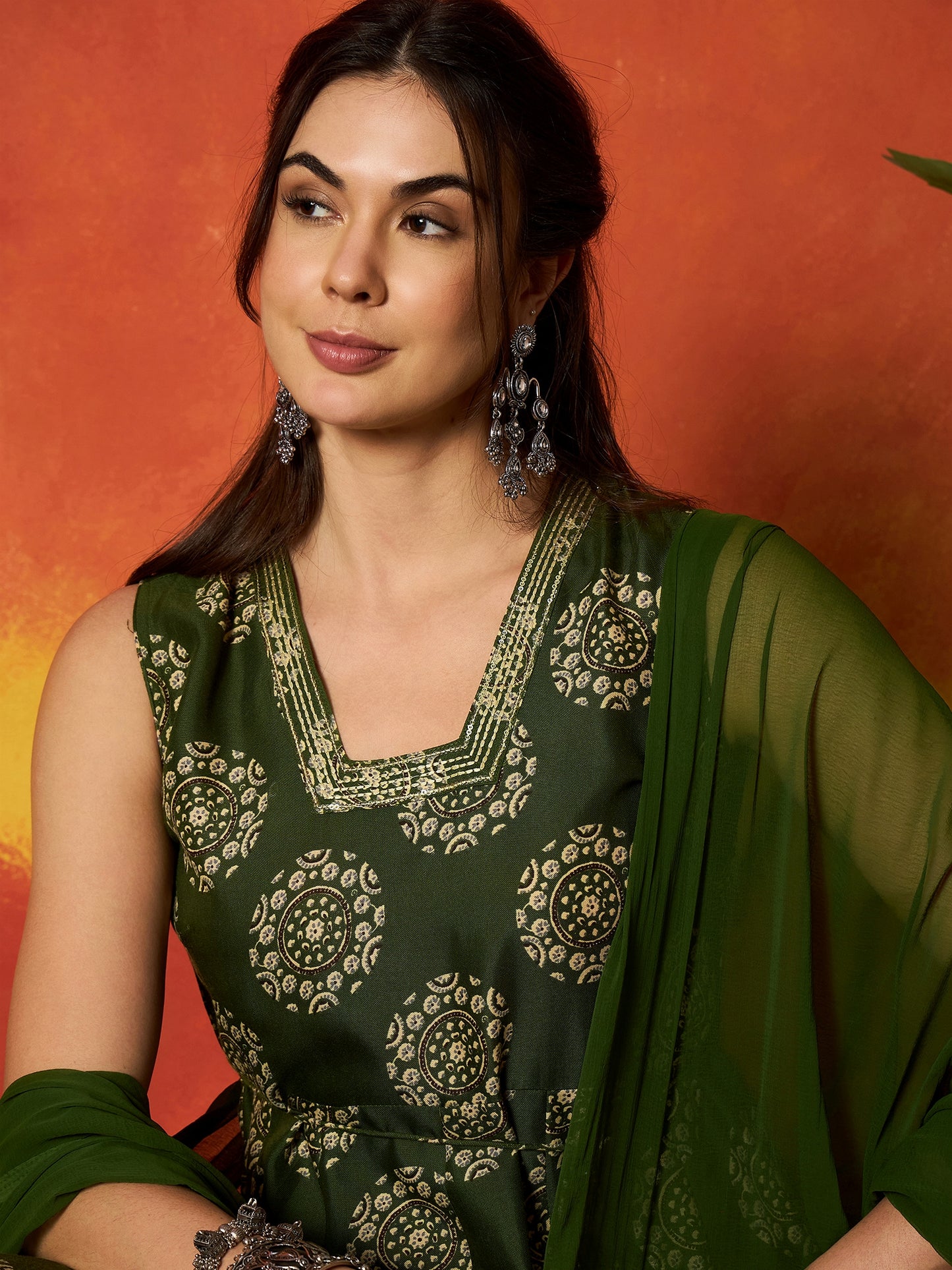 Ethnic Motif Printed Rayon Anarkali Kurta Pant Dupatta Set