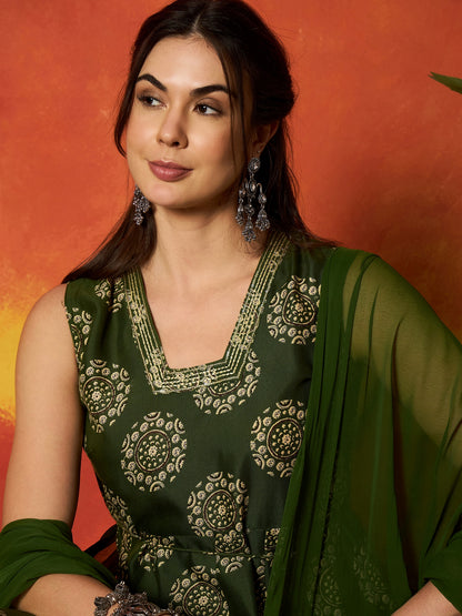 Ethnic Motif Printed Rayon Anarkali Kurta Pant Dupatta Set