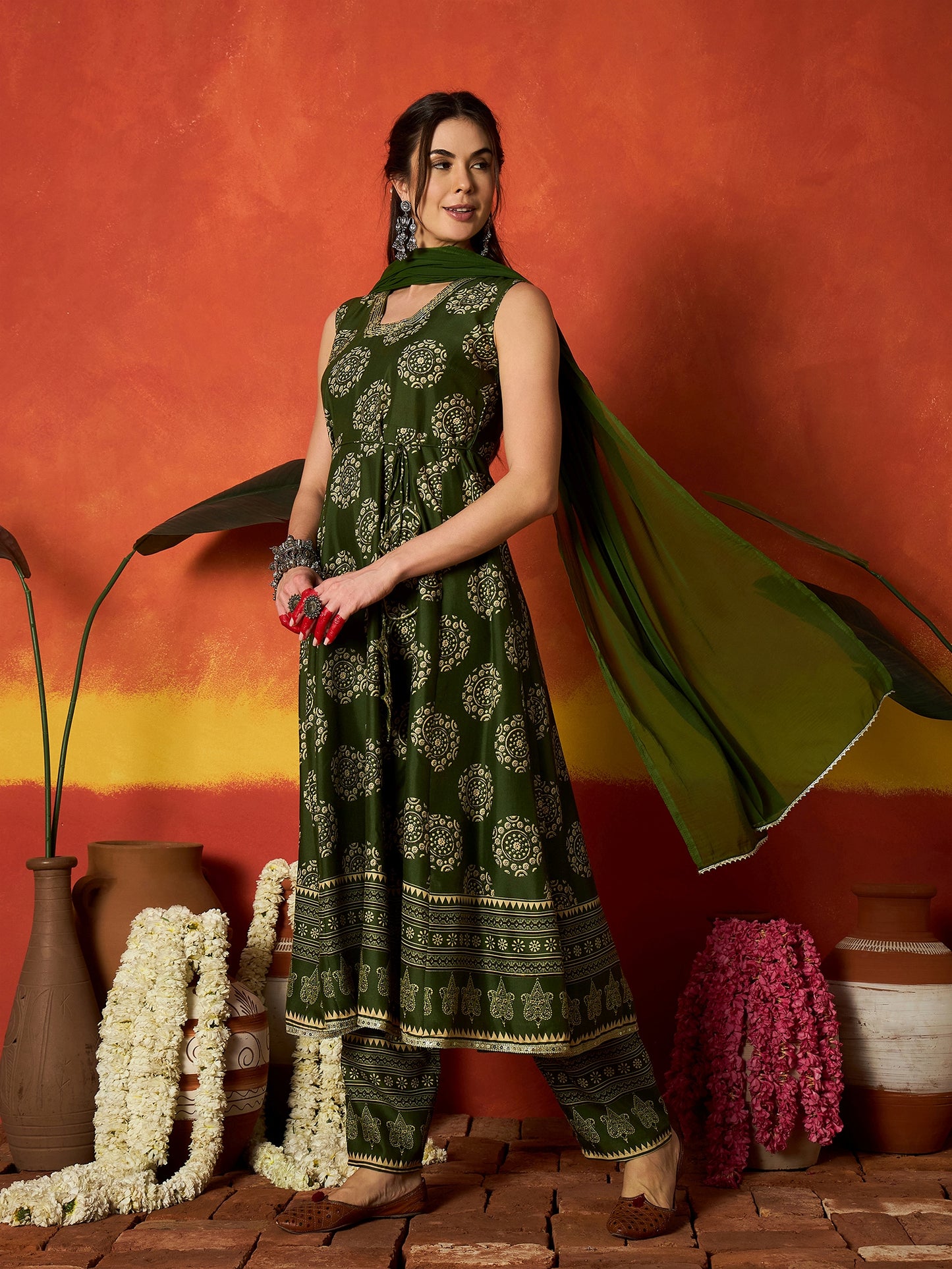 Ethnic Motif Printed Rayon Anarkali Kurta Pant Dupatta Set