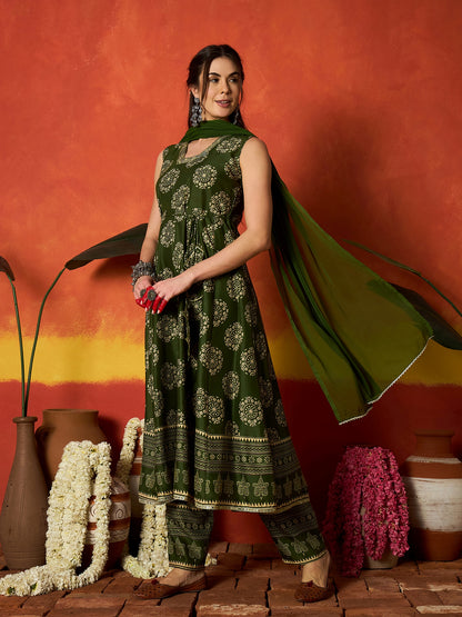 Ethnic Motif Printed Rayon Anarkali Kurta Pant Dupatta Set
