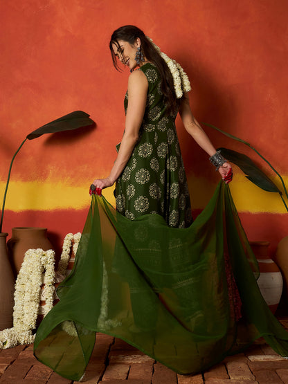 Ethnic Motif Printed Rayon Anarkali Kurta Pant Dupatta Set