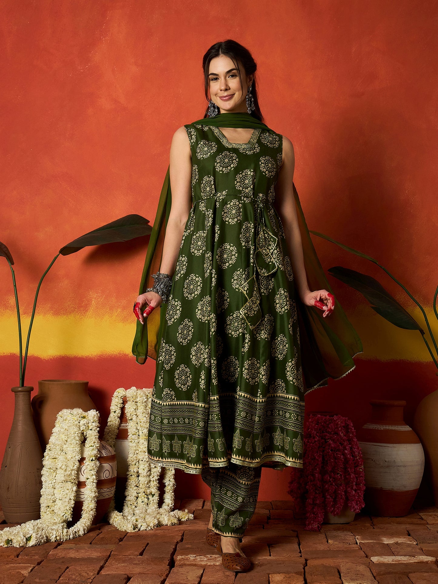 Ethnic Motif Printed Rayon Anarkali Kurta Pant Dupatta Set