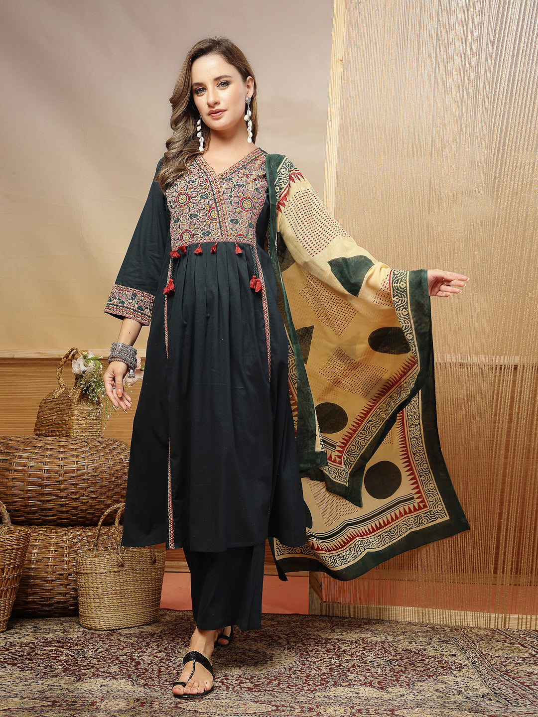 Solid Cotton Straight Kurta Pant Dupatta Set