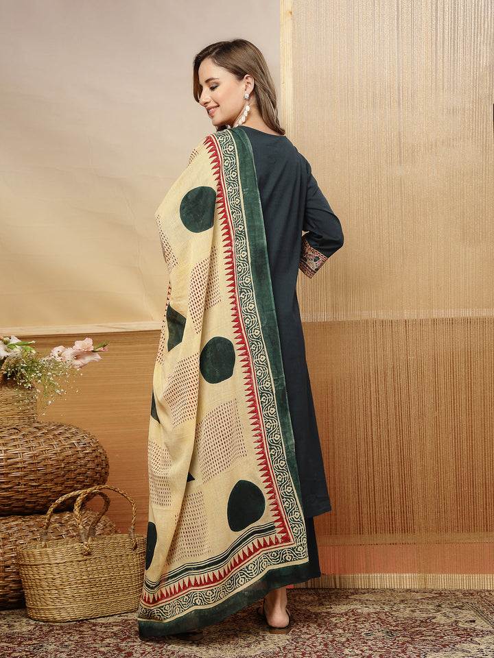 Solid Cotton Straight Kurta Pant Dupatta Set