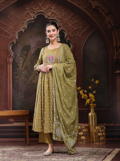Green Ethnic Printed & Embroidered Cotton Flared Kurta Palazzo Dupatta Set