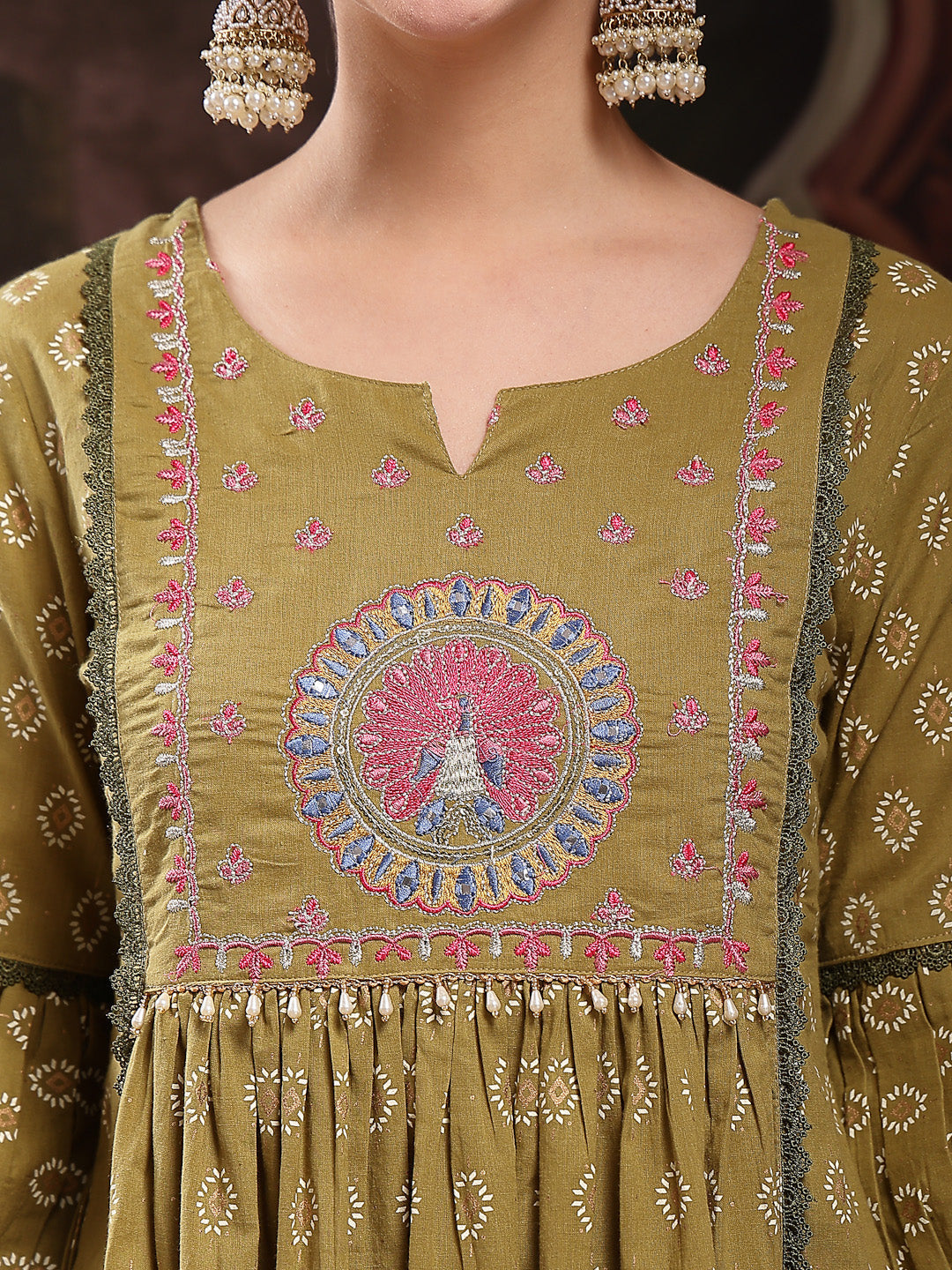 Green Ethnic Printed & Embroidered Cotton Flared Kurta Palazzo Dupatta Set