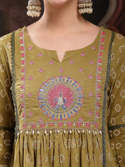 Green Ethnic Printed & Embroidered Cotton Flared Kurta Palazzo Dupatta Set