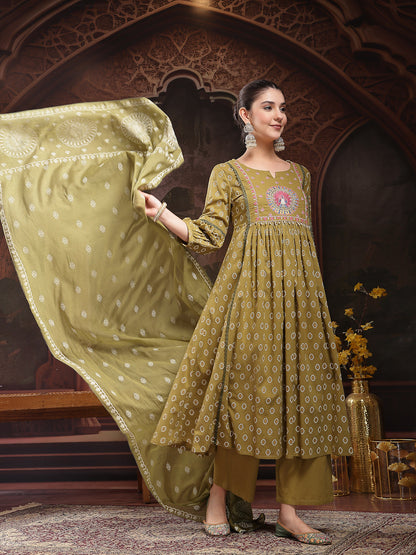 Green Ethnic Printed & Embroidered Cotton Flared Kurta Palazzo Dupatta Set