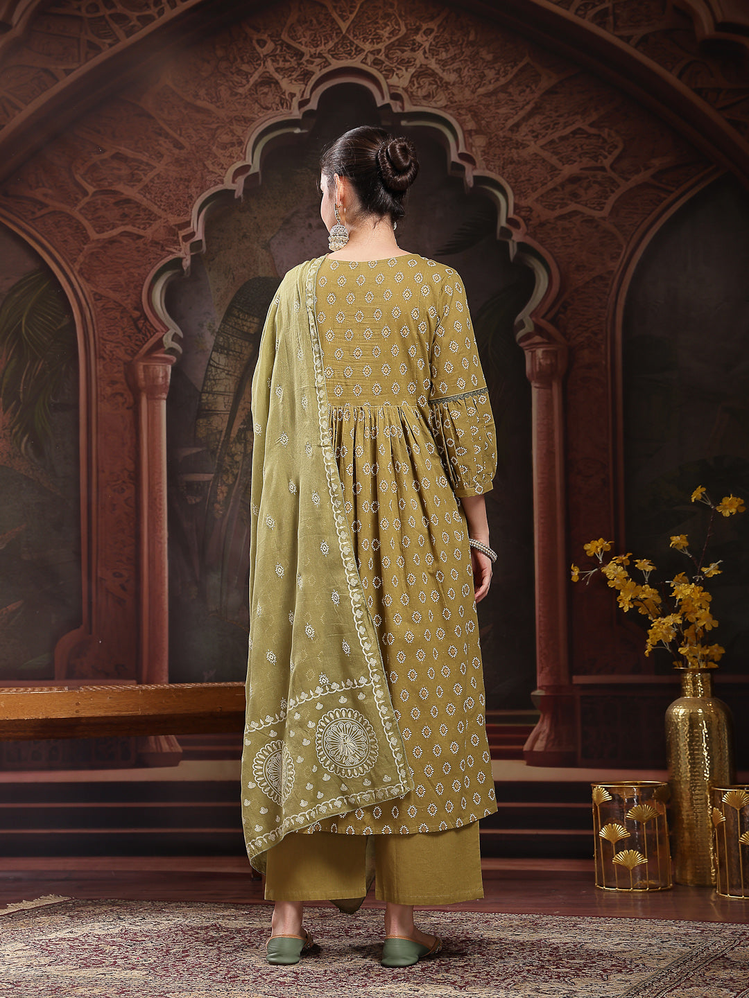 Green Ethnic Printed & Embroidered Cotton Flared Kurta Palazzo Dupatta Set