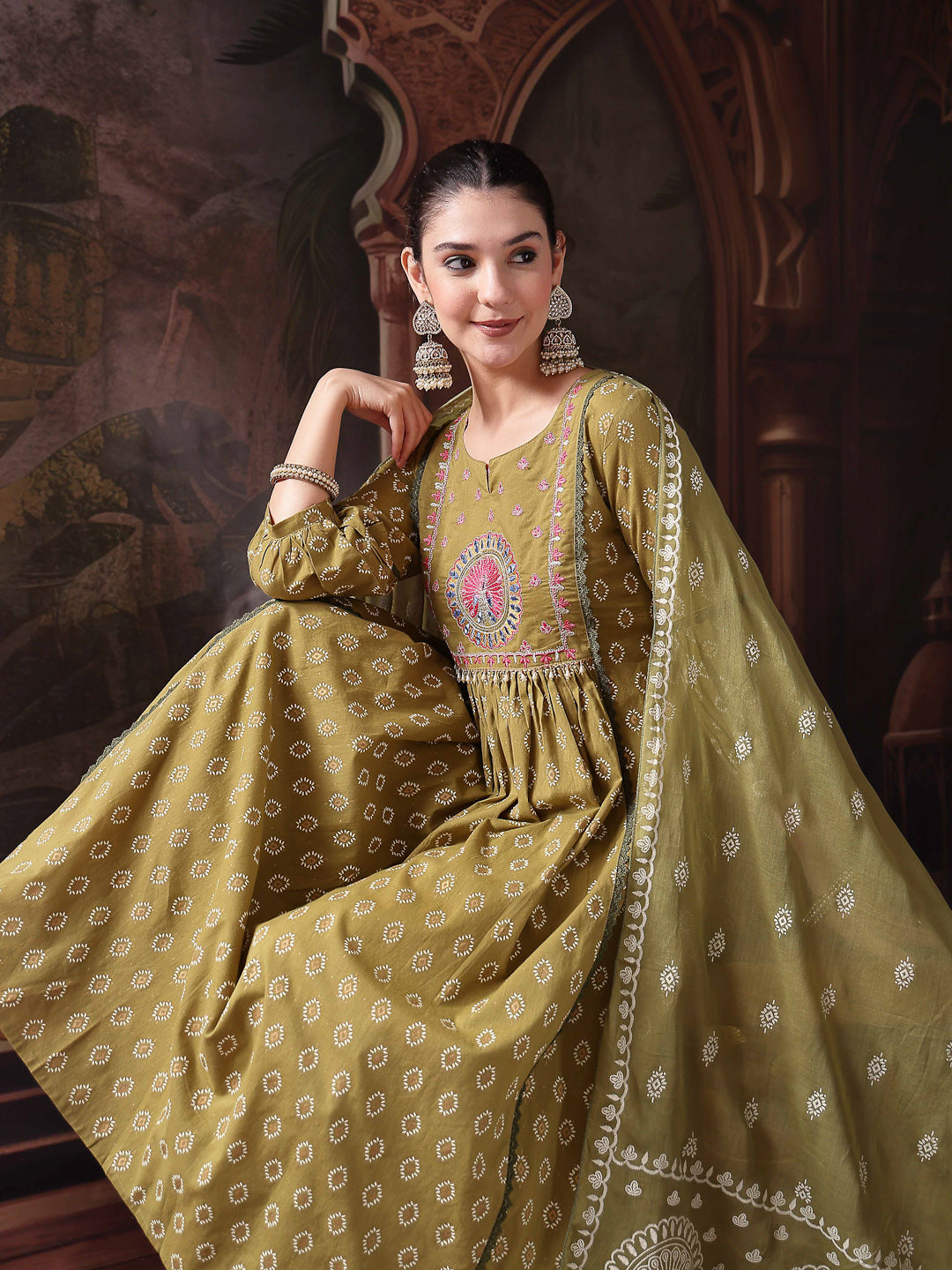 Green Ethnic Printed & Embroidered Cotton Flared Kurta Palazzo Dupatta Set