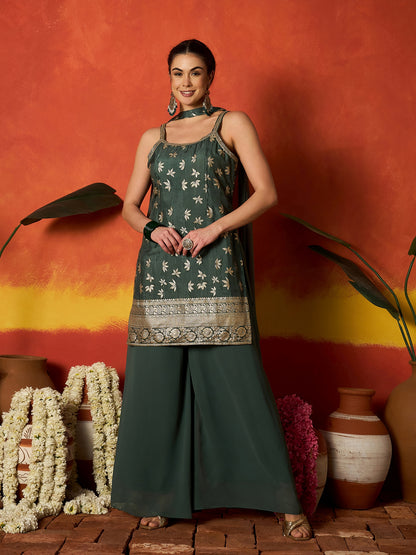 Floral Printed & Embroidered Brocade Straight Kurti Palazzo Dupatta Set Set
