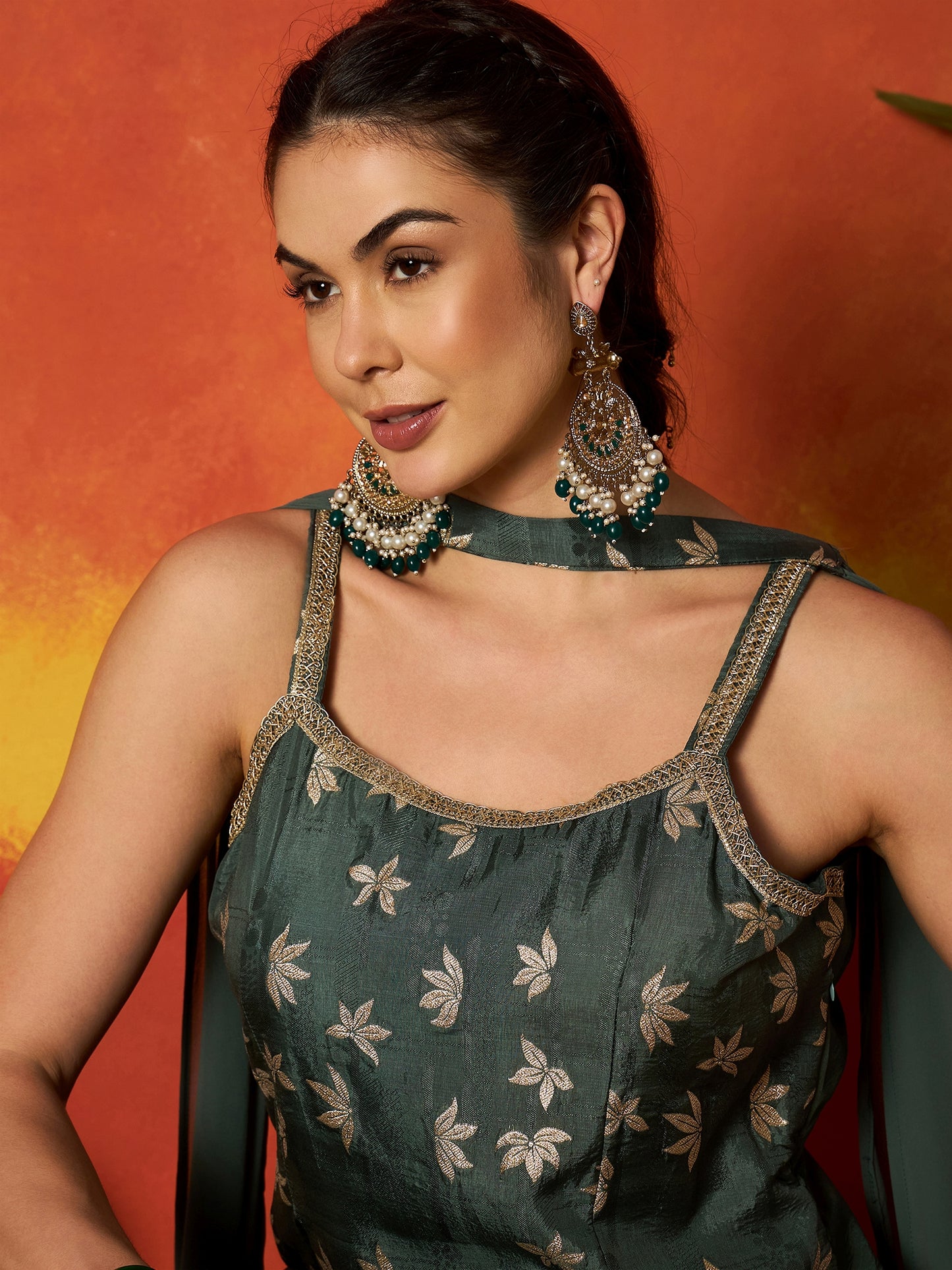 Floral Printed & Embroidered Brocade Straight Kurti Palazzo Dupatta Set Set
