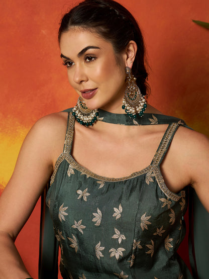 Floral Printed & Embroidered Brocade Straight Kurti Palazzo Dupatta Set Set
