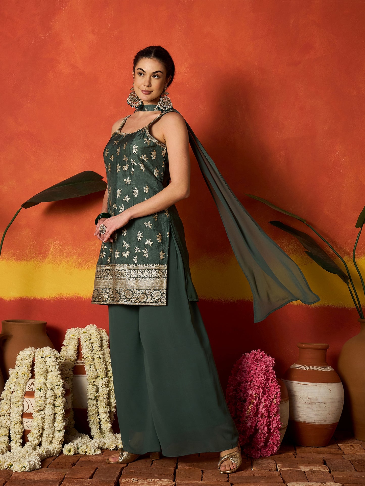 Floral Printed & Embroidered Brocade Straight Kurti Palazzo Dupatta Set Set