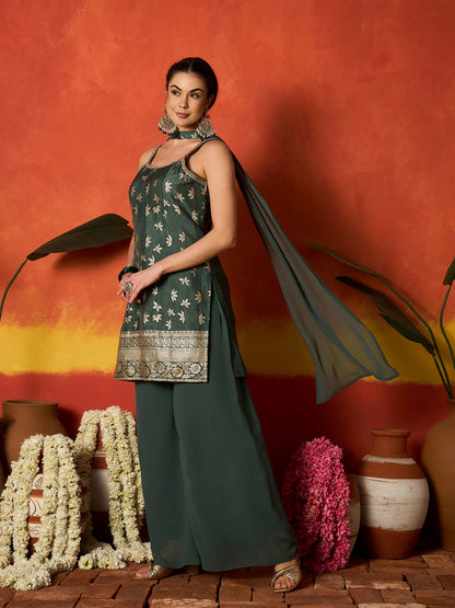 Floral Printed & Embroidered Brocade Straight Kurti Palazzo Dupatta Set Set