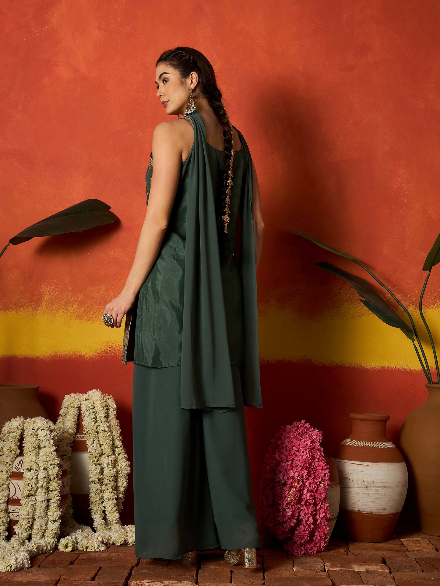 Floral Printed & Embroidered Brocade Straight Kurti Palazzo Dupatta Set Set