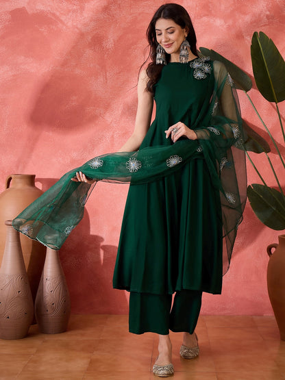 Green Solid & Embellished Rayon Flared Kurta Palazzo Dupatta Set (Pre-Order)