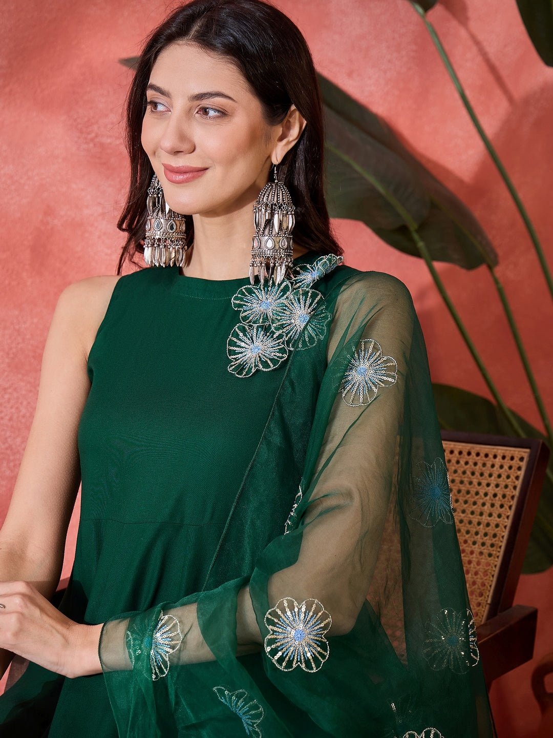 Green Solid &amp; Embellished Rayon Flared Kurta Palazzo Dupatta Set