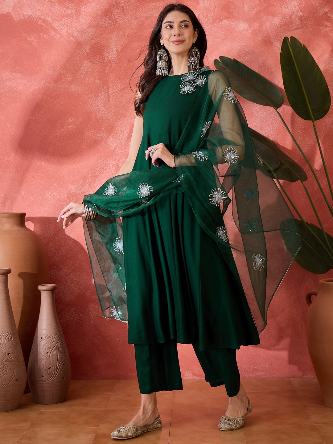 Green Solid &amp; Embellished Rayon Flared Kurta Palazzo Dupatta Set