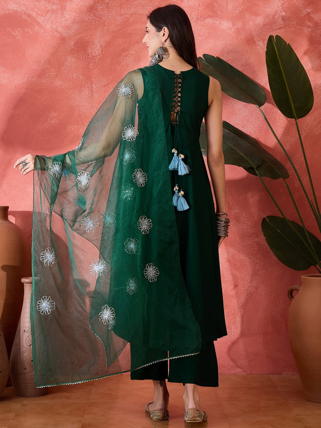Green Solid & Embellished Rayon Flared Kurta Palazzo Dupatta Set (Pre-Order)