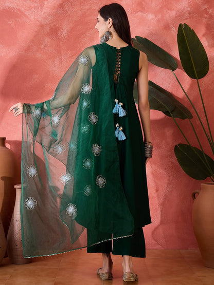 Green Solid & Embellished Rayon Flared Kurta Palazzo Dupatta Set (Pre-Order)