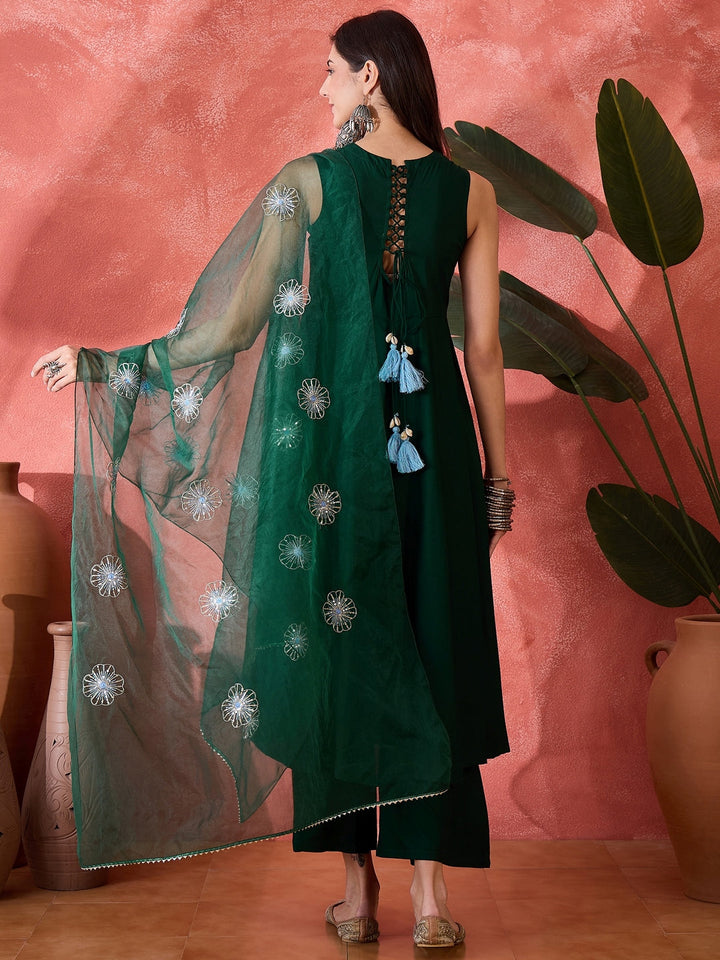 Green Solid &amp; Embellished Rayon Flared Kurta Palazzo Dupatta Set