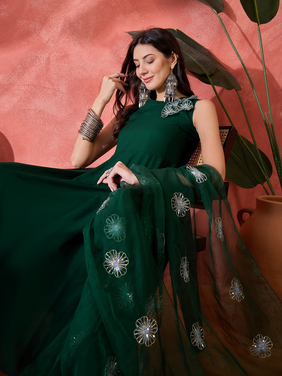 Green Solid &amp; Embellished Rayon Flared Kurta Palazzo Dupatta Set