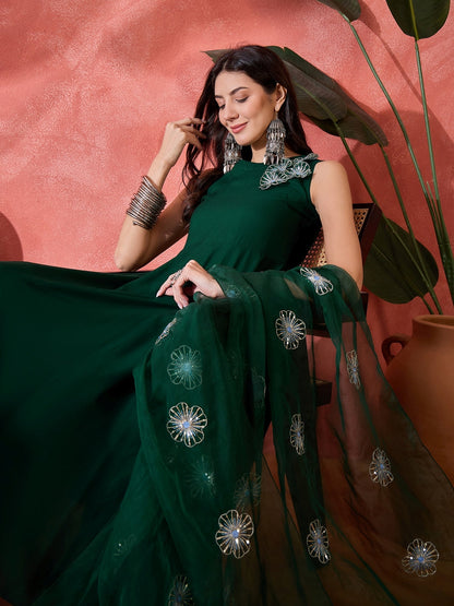 Green Solid & Embellished Rayon Flared Kurta Palazzo Dupatta Set (Pre-Order)