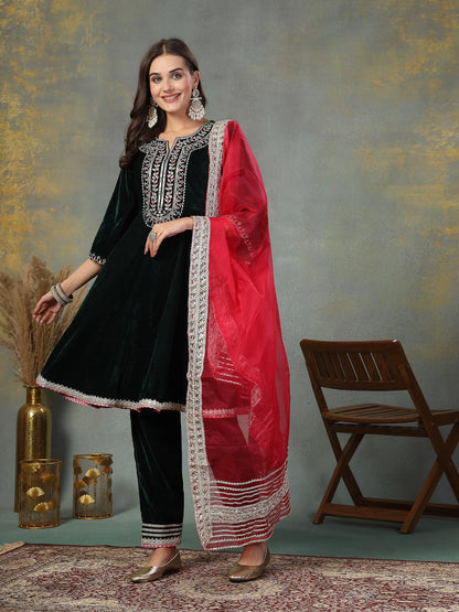 Green Solid & Embroidered Velvet Flared Short Kurta Pant Dupatta Set (Pre-Order)