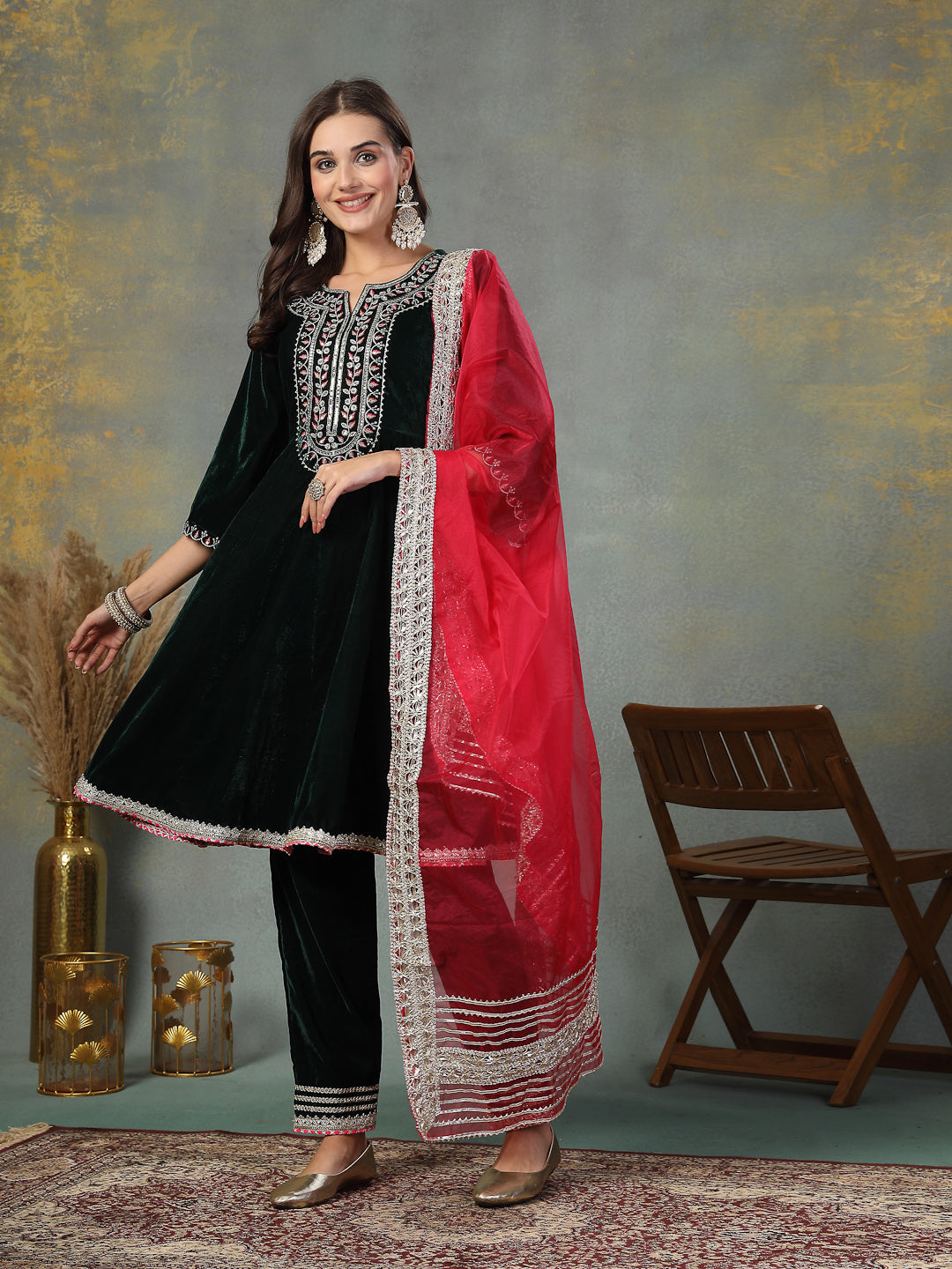Green Solid &amp; Embroidered Velvet Flared Short Kurta Pant Dupatta Set