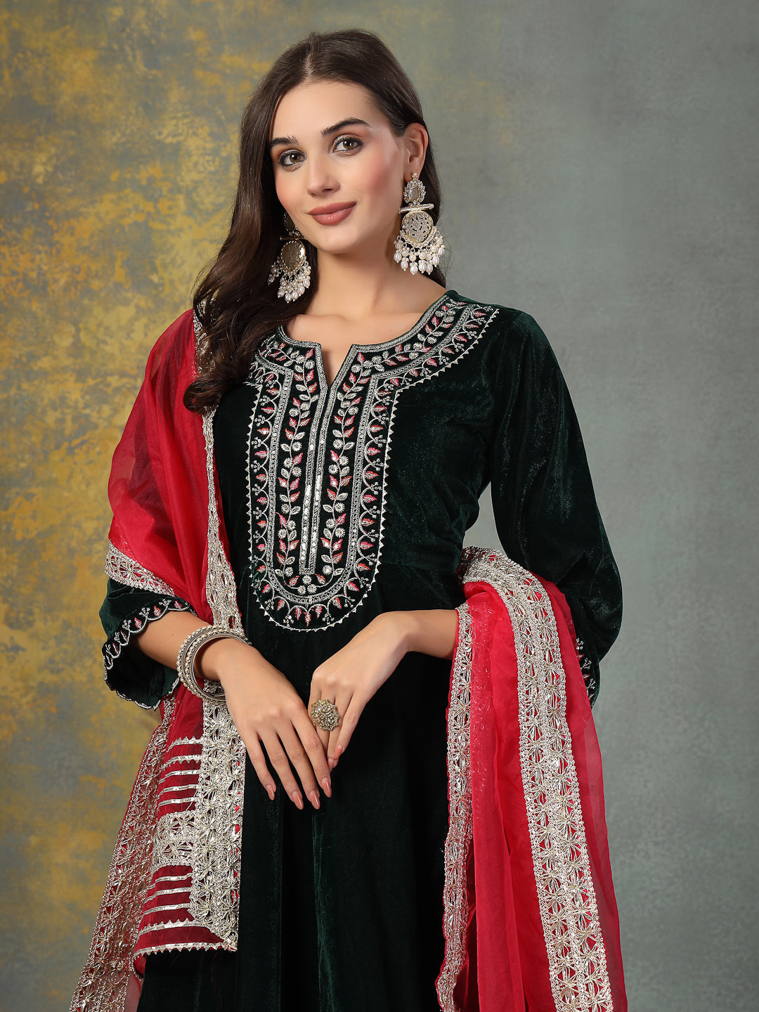 Green Solid &amp; Embroidered Velvet Flared Short Kurta Pant Dupatta Set