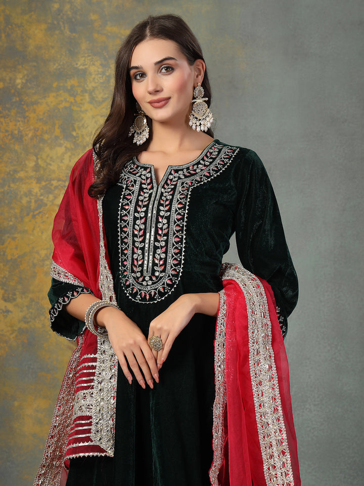 Green Solid &amp; Embroidered Velvet Flared Short Kurta Pant Dupatta Set