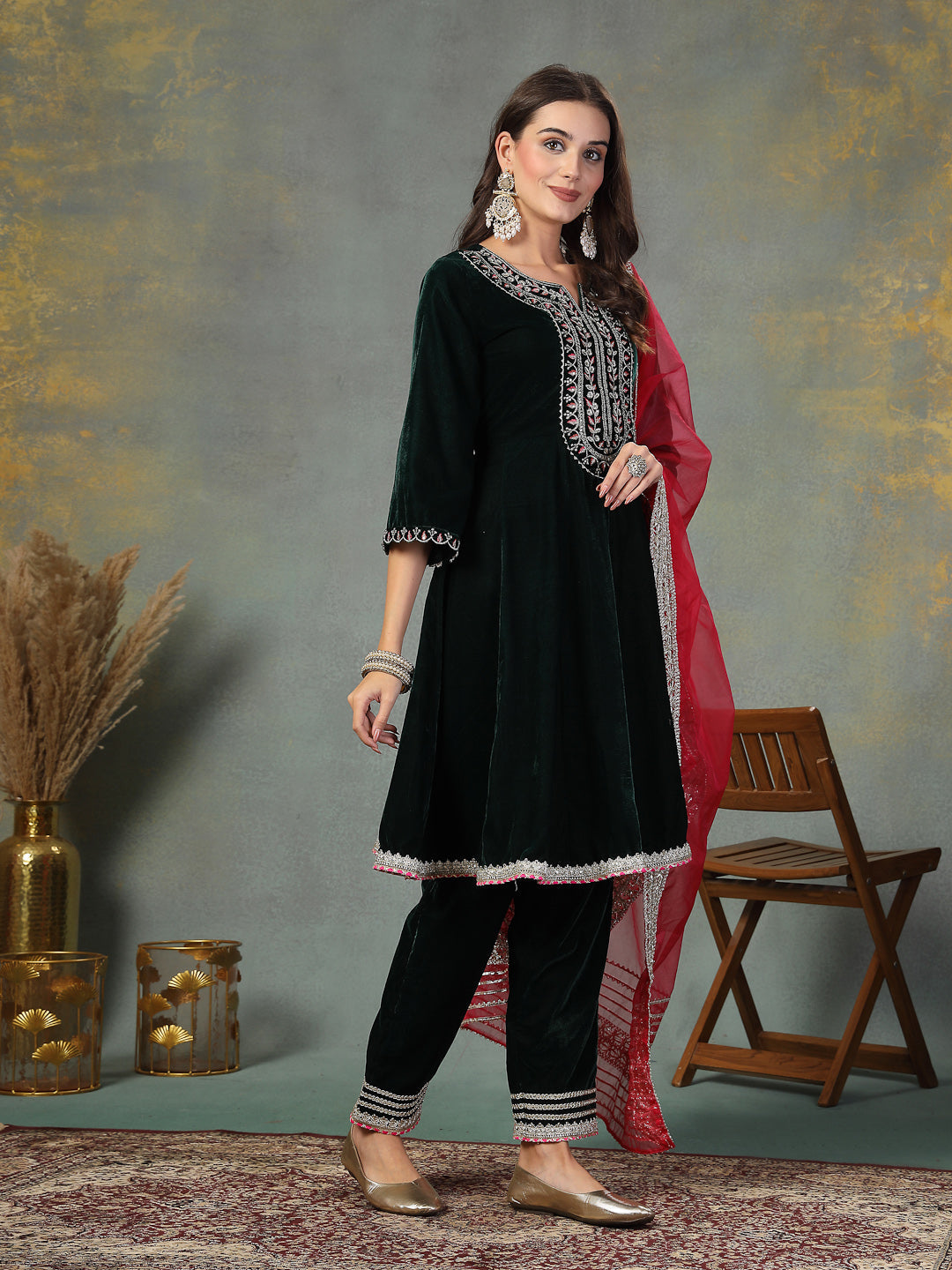 Green Solid &amp; Embroidered Velvet Flared Short Kurta Pant Dupatta Set