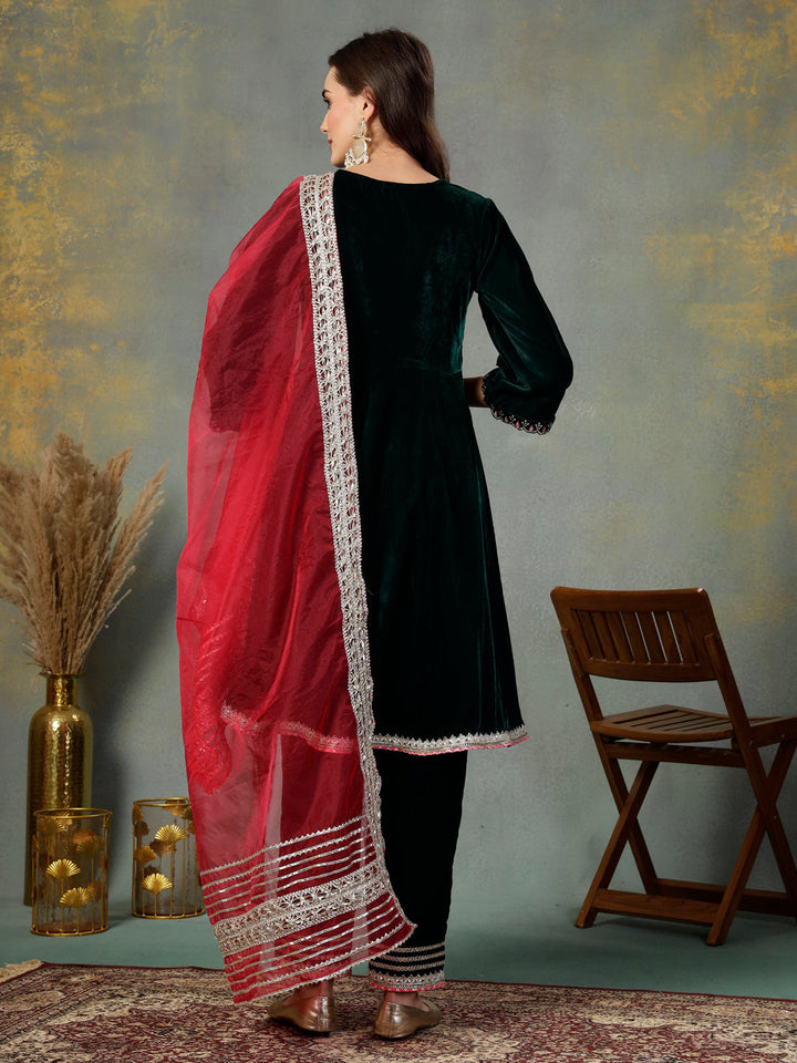 Green Solid &amp; Embroidered Velvet Flared Short Kurta Pant Dupatta Set