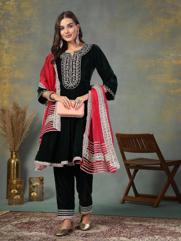 Green Solid &amp; Embroidered Velvet Flared Short Kurta Pant Dupatta Set