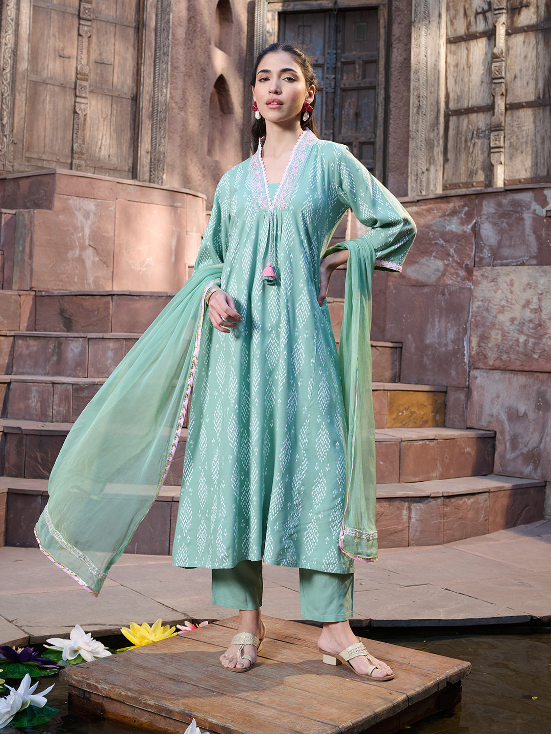 Green Printed &amp; Embroidered A-Line Kurta Pant Dupatta Set