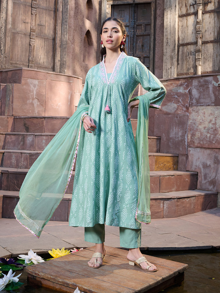 Green Printed &amp; Embroidered A-Line Kurta Pant Dupatta Set