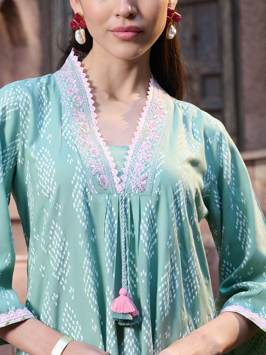 Green Printed &amp; Embroidered A-Line Kurta Pant Dupatta Set