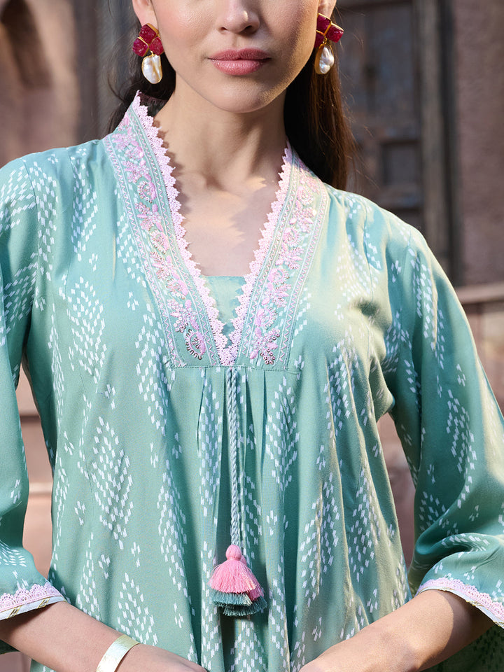 Green Printed &amp; Embroidered A-Line Kurta Pant Dupatta Set