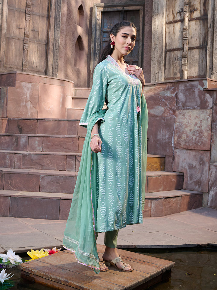 Green Printed &amp; Embroidered A-Line Kurta Pant Dupatta Set