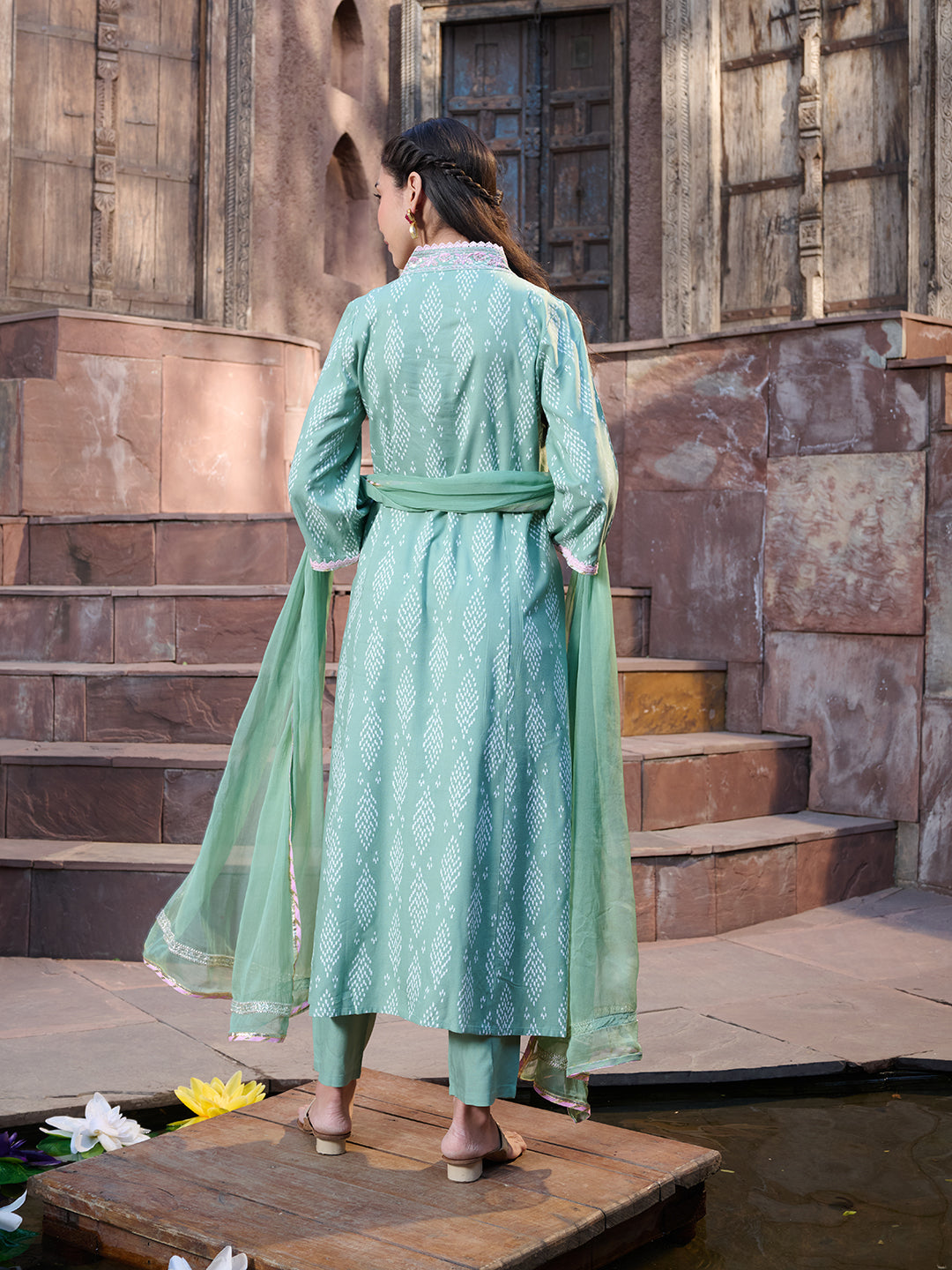 Green Printed &amp; Embroidered A-Line Kurta Pant Dupatta Set