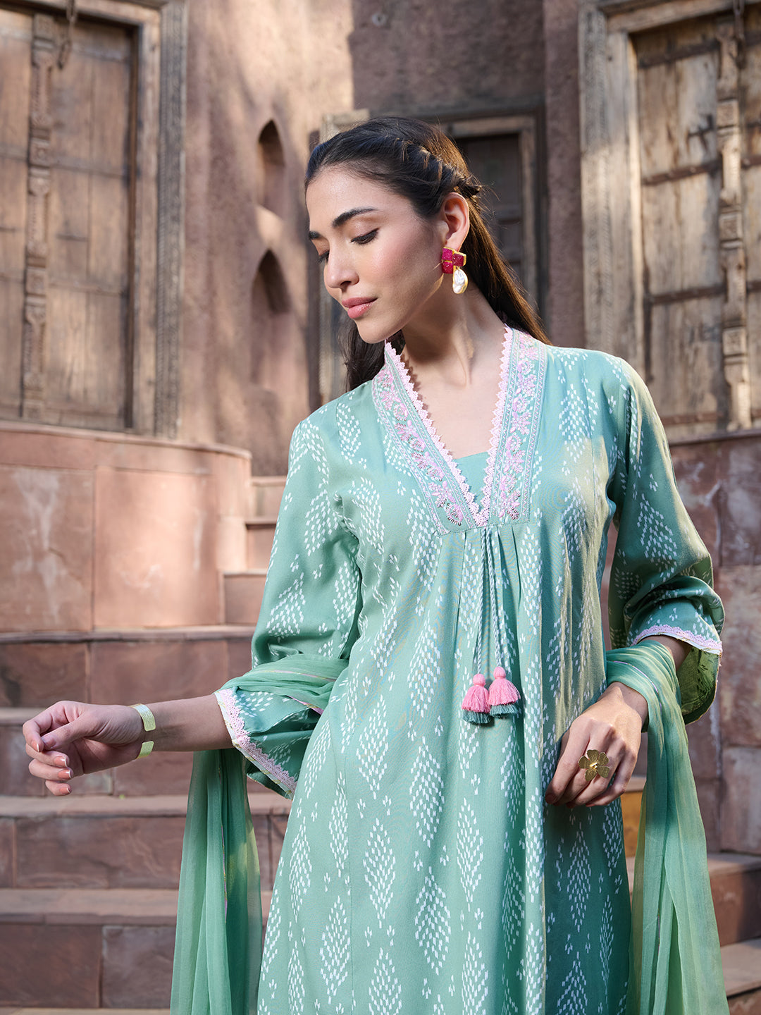 Green Printed &amp; Embroidered A-Line Kurta Pant Dupatta Set