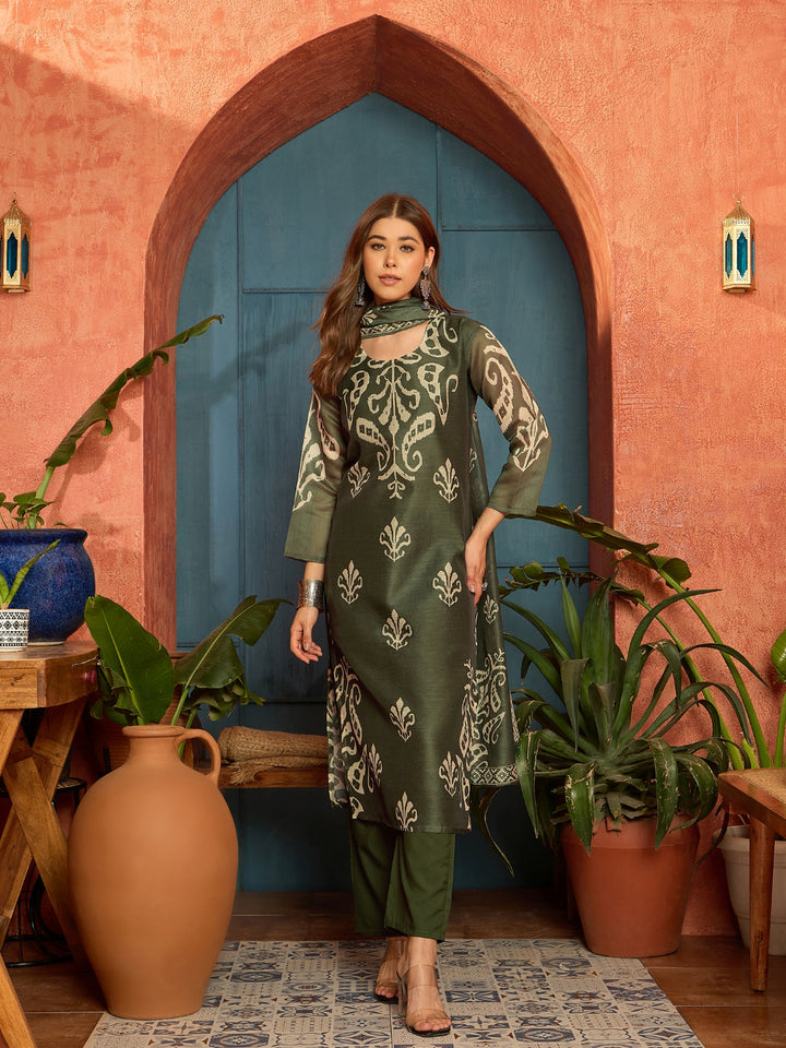 Ikkat Printed Chanderi Straight Kurta Pant Dupatta Set