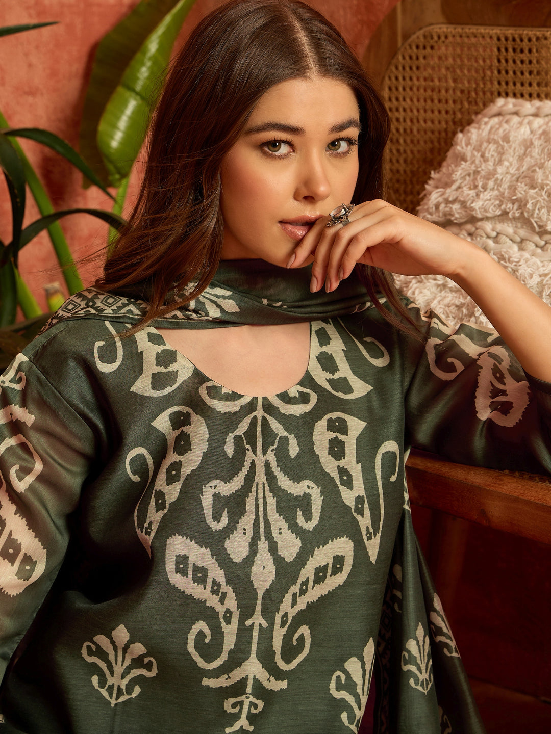 Ikkat Printed Chanderi Straight Kurta Pant Dupatta Set